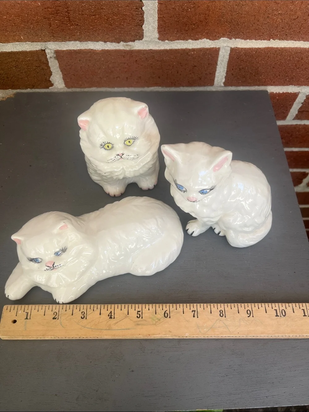 Vintage White Ceramic Cats Blue & green eyes Hand-painted Set of 3